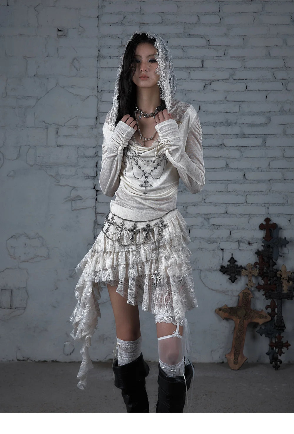 NO ROMANCE Fairy Sexy Punk Printing Half Transparent Lace Patch Knitted Long Sleeve Hooded Dresses Rock Gothic Design Vestidos SS69