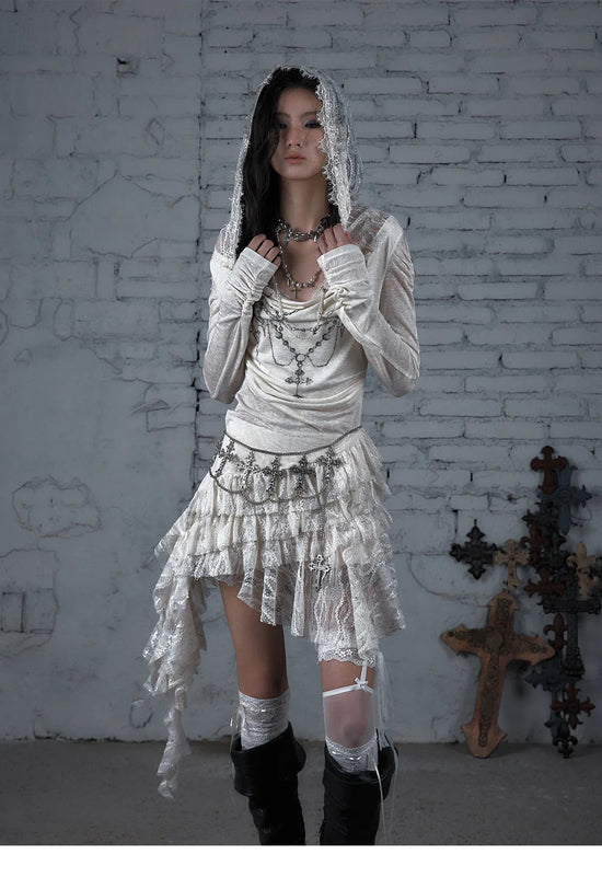 NO ROMANCE Fairy Sexy Punk Printing Half Transparent Lace Patch Knitted Long Sleeve Hooded Dresses Rock Gothic Design Vestidos SS69