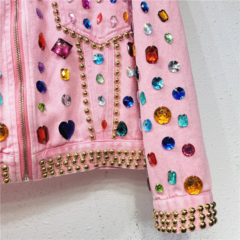 Women Rainbow Diamonds Beaded Pink Denim Coat Loose Rhinestones Jeans Jacket Long Sleeve Crystal Cowboy Cardigan Rivets Tops SS69