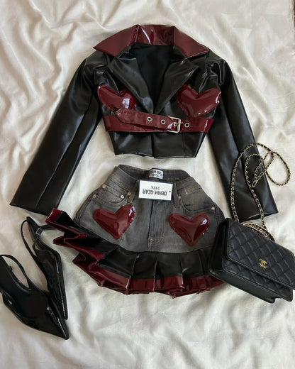 Fashion Trendy Leather Suit Twopiece Set Women Y2k Harajuku Gothic Heart Shaped Short Jacket Denim Splicing Sexy Miniskirt Suit SS69
