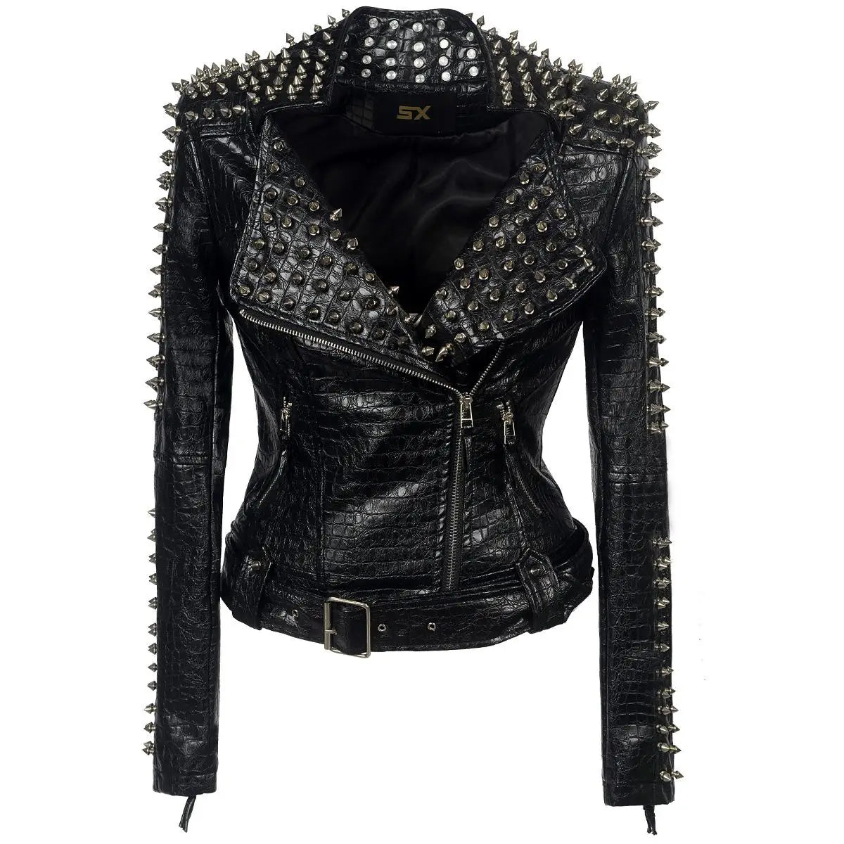 2025 Steampunk Rock Rivet Women's Leather Jacket Slim Short Streetwear Gothic Embroidery PU Leather Locomotive Coat Femme SS69 113.69 black / 4XL