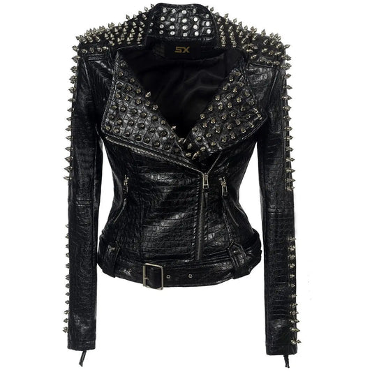 2025 Steampunk Rock Rivet Women's Leather Jacket Slim Short Streetwear Gothic Embroidery PU Leather Locomotive Coat Femme SS69 113.69 black / 4XL