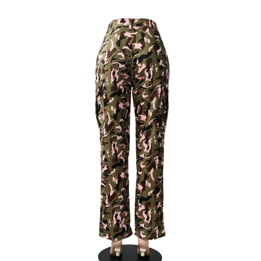 FAGADOER Pink Camouflage Print Pants Women Y2K Streetwear Button Pocket patchwork Straight Pants Hot girl Bottoms 2025 SS69