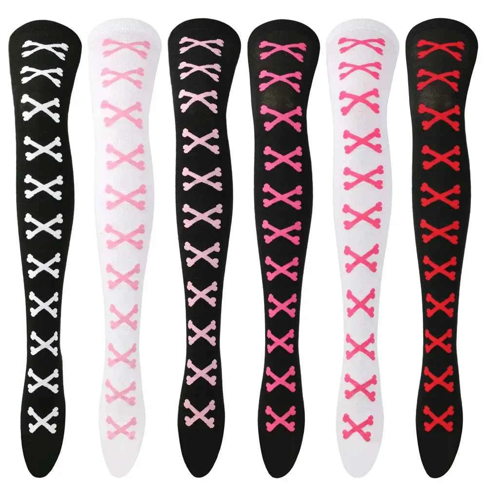 SS69 Women's Bone Print Thigh High Socks - Cotton Blend Cosplay Stockings