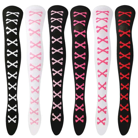 SS69 Women's Bone Print Thigh High Socks - Cotton Blend Cosplay Stockings