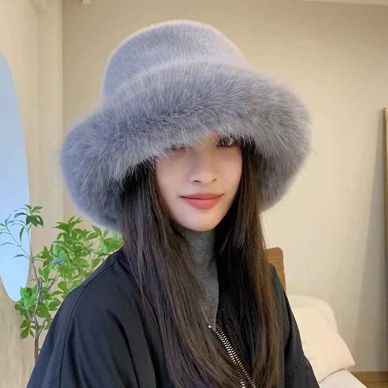 2025 Fluffy Faux Fur Bucket Hats Women Rabbit Fur Warm Thick Plush Winter Hat Lady Fashion Luxury Panama Furry Fisherman Cap Y2k