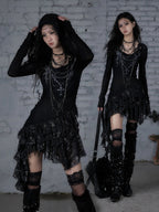 NO ROMANCE Fairy Sexy Punk Printing Half Transparent Lace Patch Knitted Long Sleeve Hooded Dresses Rock Gothic Design Vestidos SS69
