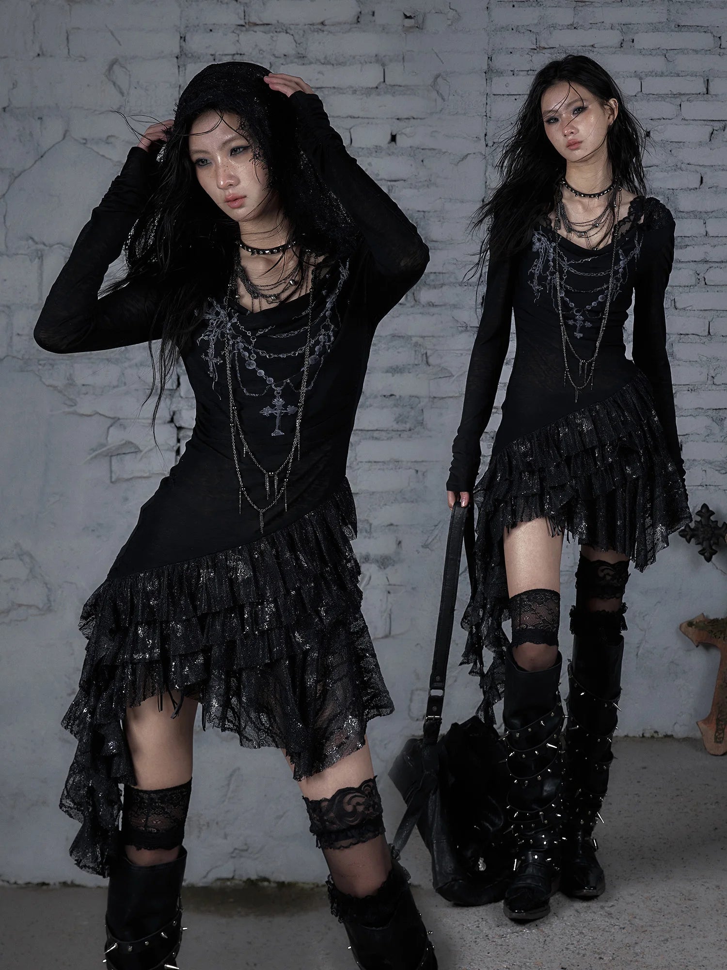 NO ROMANCE Fairy Sexy Punk Printing Half Transparent Lace Patch Knitted Long Sleeve Hooded Dresses Rock Gothic Design Vestidos SS69