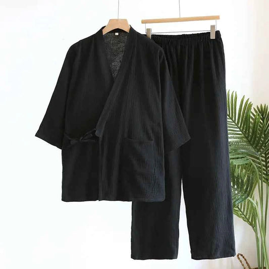 Large Size Kimono Robes with Pocket and Long Pants 2 Pcs Pajamas Set for Men Sleepwear Clothes Cotton Pjamas for Men