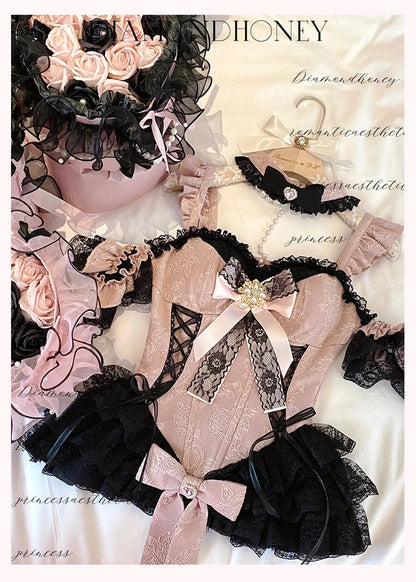 2024 New Spring Summer Ladies Exquisite Lace Skirt Suit Lolita Sweet Womens Black Pink Bow Tube Top Sling Short Cake Skirt Set SS69