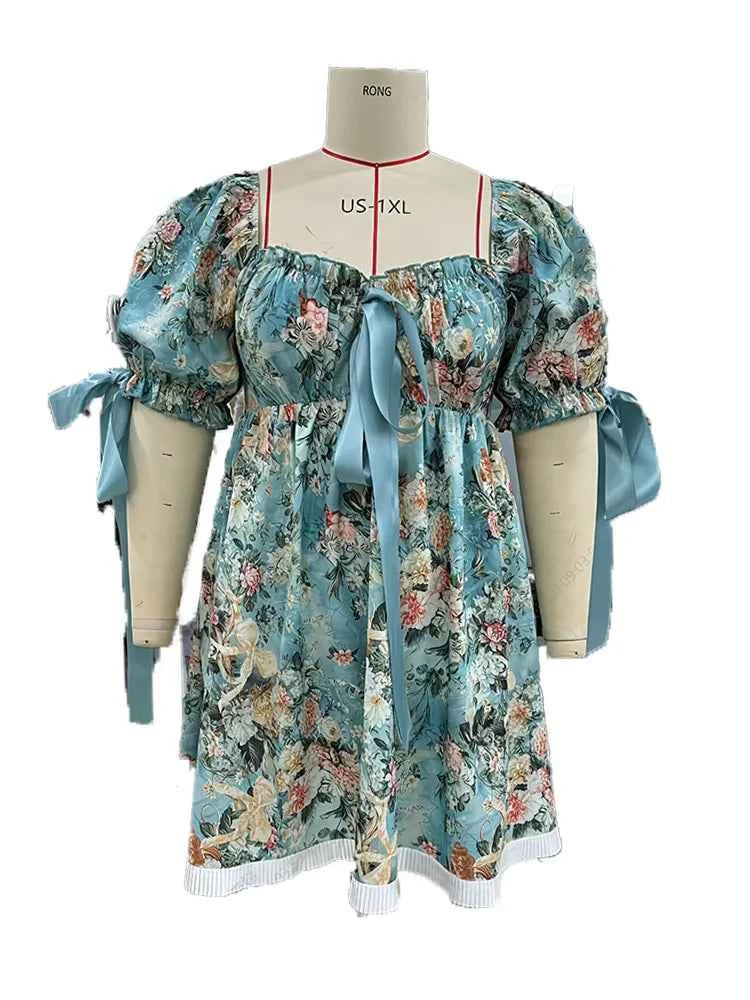 New Plus Size Women's Lace Square Collar Mini Dress With Floral Print Lantern Short Sleeves Dress Party Elegant Evening Dresses