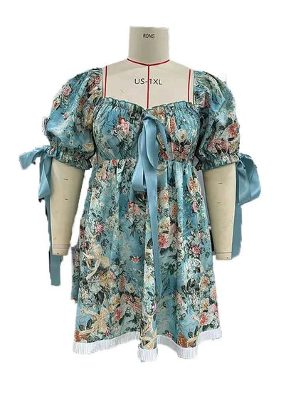 New Plus Size Women's Lace Square Collar Mini Dress With Floral Print Lantern Short Sleeves Dress Party Elegant Evening Dresses