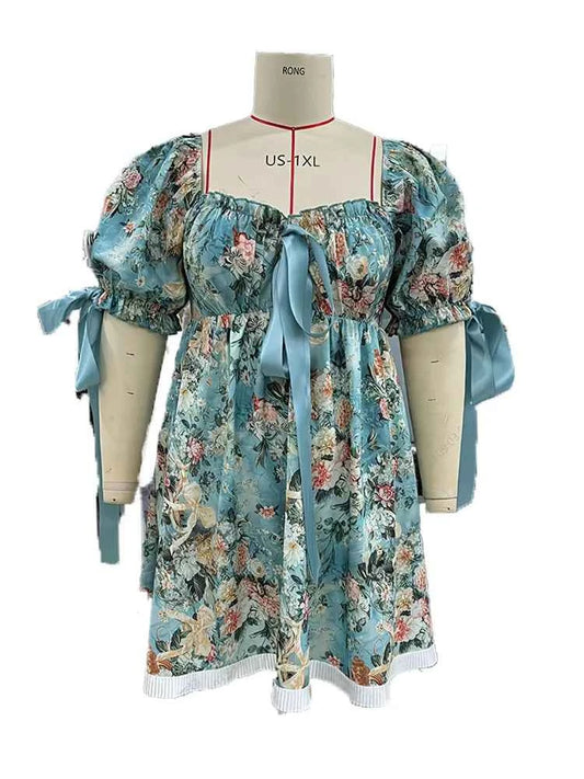New Plus Size Women's Lace Square Collar Mini Dress With Floral Print Lantern Short Sleeves Dress Party Elegant Evening Dresses