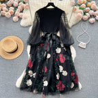 SINGREINY Senior Knitted Patchwork Dress Long Lantern Sleeves Bow Mesh Embroidery Floral Women Autumn France Elegant Party Dress