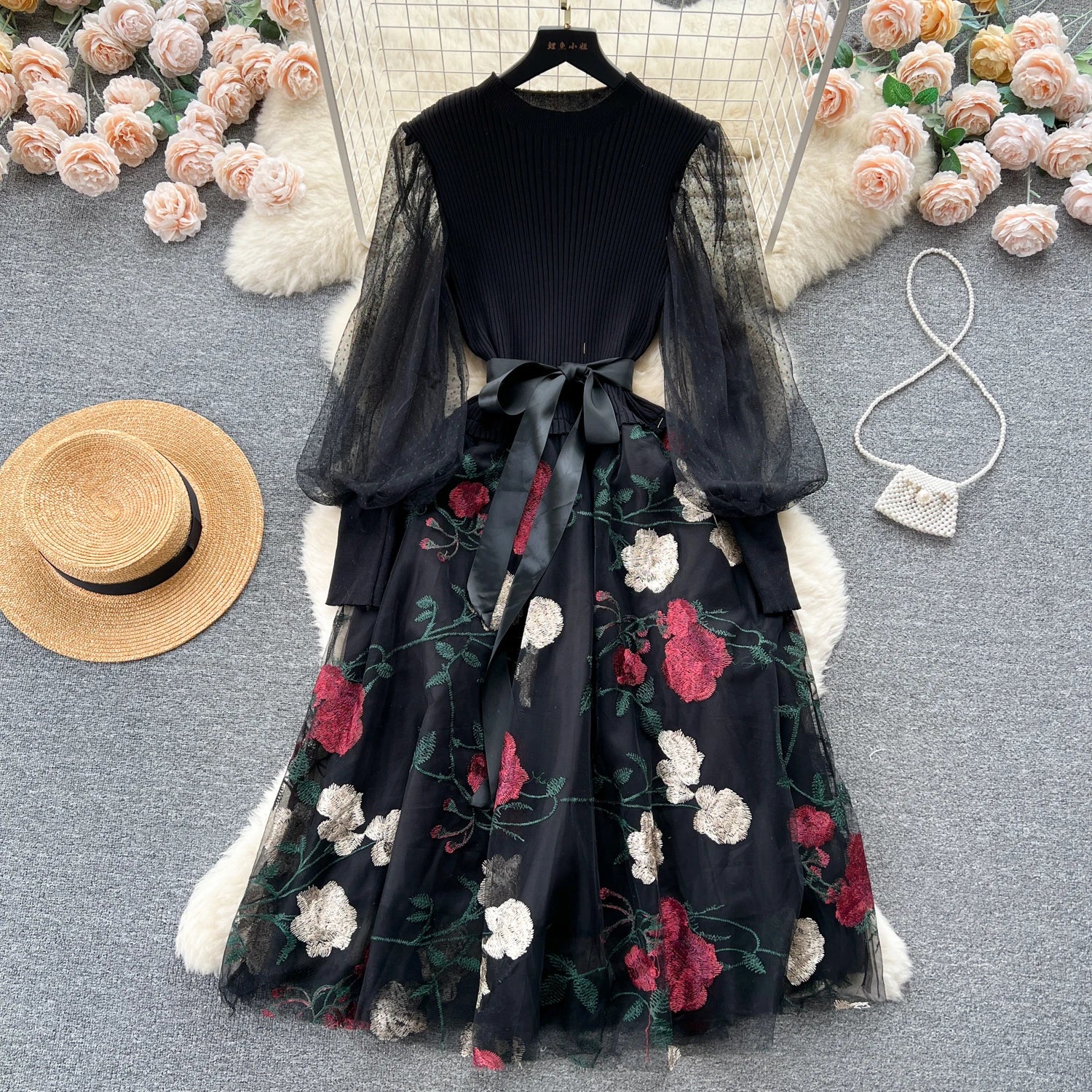 SINGREINY Senior Knitted Patchwork Dress Long Lantern Sleeves Bow Mesh Embroidery Floral Women Autumn France Elegant Party Dress
