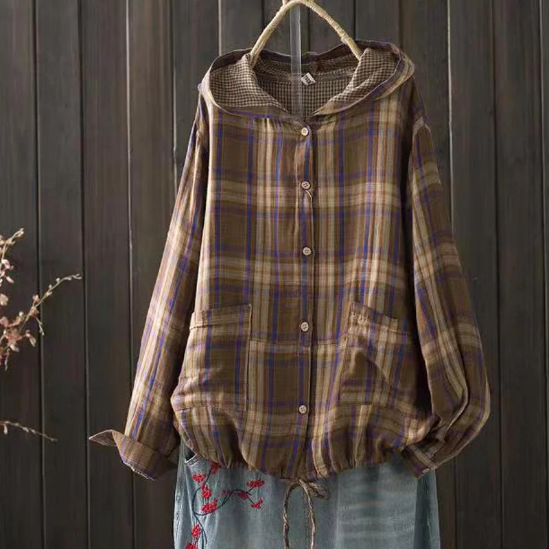 Large size blouses for women autumn spring hooded long sleeve single-breasted plaid shirts oversized shirt top female hoodies