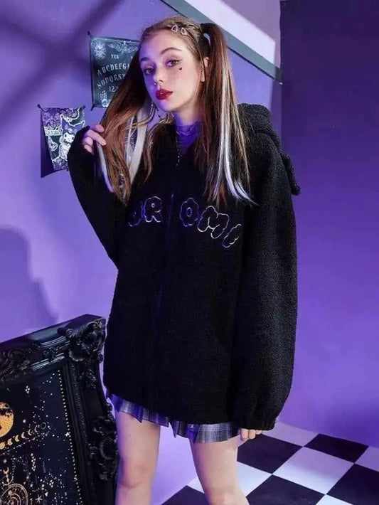 Sanrio New Hoodie Hooded Kuromi Cute Thicken Coat Fleece-Lined Embroidery Women's Loose Plus Size Hoodie Autumn and Winter Ins