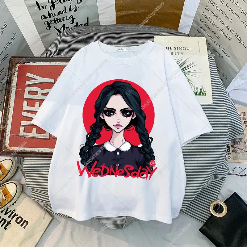 Wednesday Addams Women Casual T-shirt Summer Adult Cartoon Printed Tee Tops Girls Round Neck Clothing Short Sleeve Fashion Gifts SS69 8.69 ADD79 / S