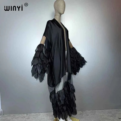 WINYI Catwalk sexy Kimono Women elegant coat Long Sleeve Cardigan abaya dubai luxury beachwear Cover Up dress holiday Caftan