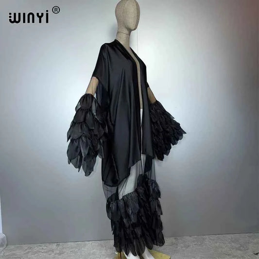 WINYI Catwalk sexy Kimono Women elegant coat Long Sleeve Cardigan abaya dubai luxury beachwear Cover Up dress holiday Caftan