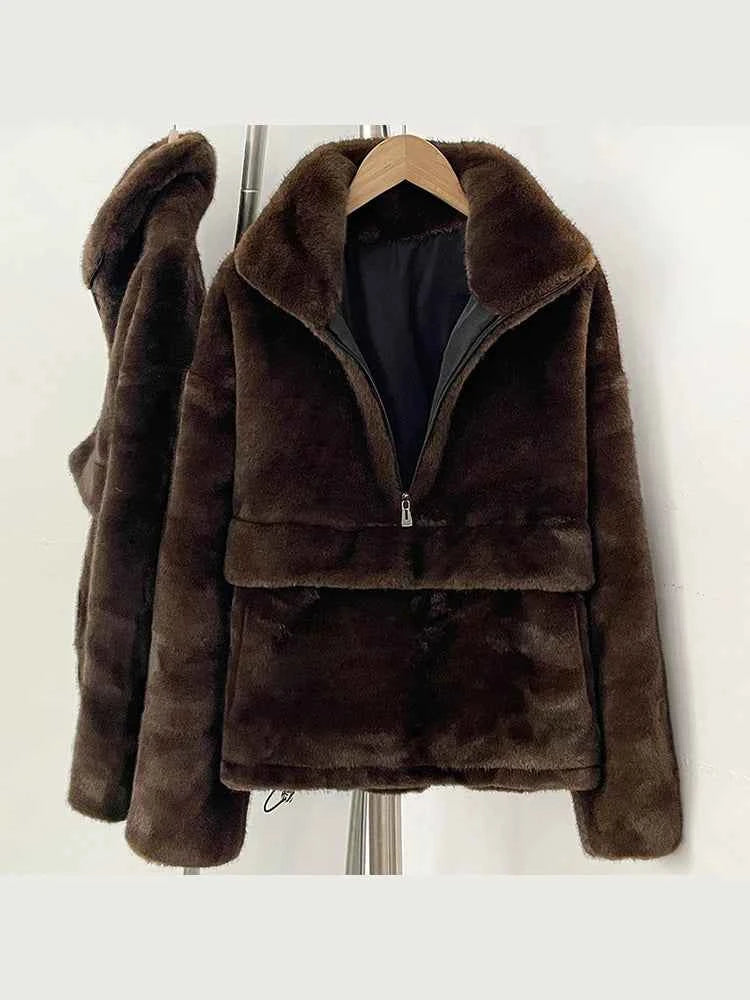 Mueyeruho 2026 Autumn Winter Women Faux Mink Fur Sweatshirt Pullover Solid Brown Streetwear Warm Long Sleeve Plush Fluffy Jacket