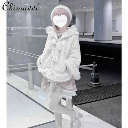 Japanese Mine Lace Splicing Cute Bow Lolita Shawl Jacket Autumn and Winter New Sweet Girl Loose Warm Plush Cape Coat Women