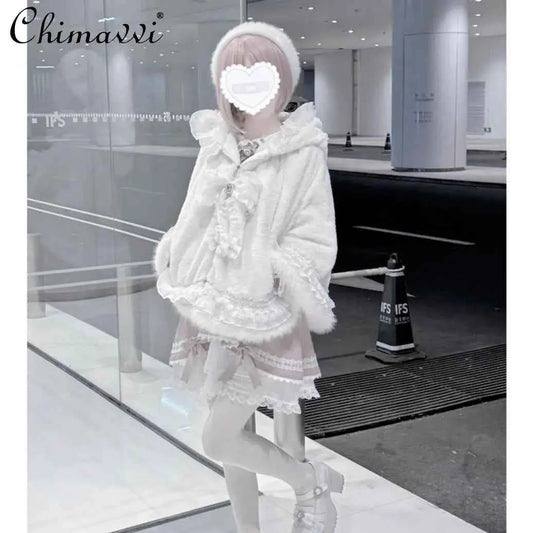 Japanese Mine Lace Splicing Cute Bow Lolita Shawl Jacket Autumn and Winter New Sweet Girl Loose Warm Plush Cape Coat Women