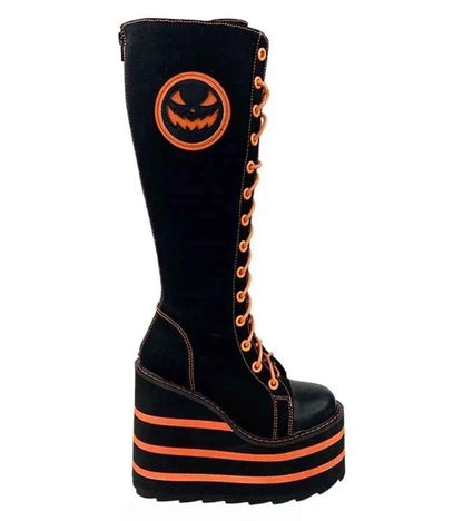 Canvas Check Platform Knee-high Boots Women Metal Chain Round Toe Wedges Cross Tied Lolita Heighten Shoes 2025 Lovely Sexy Boots