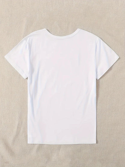 Cute Print Solid Crew Neck T-Shirt, Short Sleeve Casual Every Day Top For All Season, Women's Clothing SS69