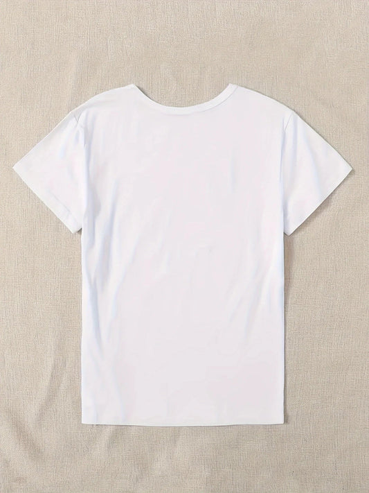 Cute Print Solid Crew Neck T-Shirt, Short Sleeve Casual Every Day Top For All Season, Women's Clothing SS69