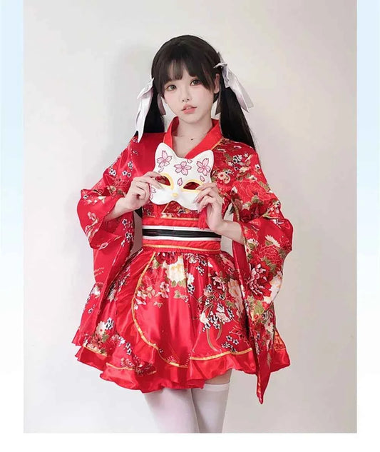 Japanese Kimono Yukata Robes Kawaii Girls Floral Printed Haori Suit Lovely Lolita Dress For Women Maid Cosplay Costume Halloween