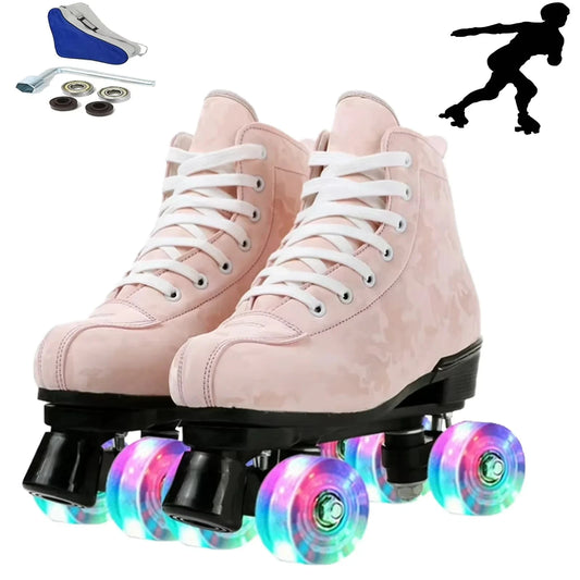 Double-Row Roller Skates Beginner Women Men Outdoor Skating 4 Wheels Skate Shoes Size 37 38 39 40 41-45 Flashing Quad Sneakers SS69 51.69 pink flash wheels / 43 / United States
