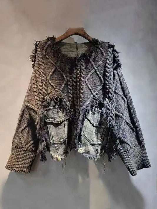 DEAT Women's Patchwork Denim Pullover Sweater, Long Sleeve Loose Knit Top