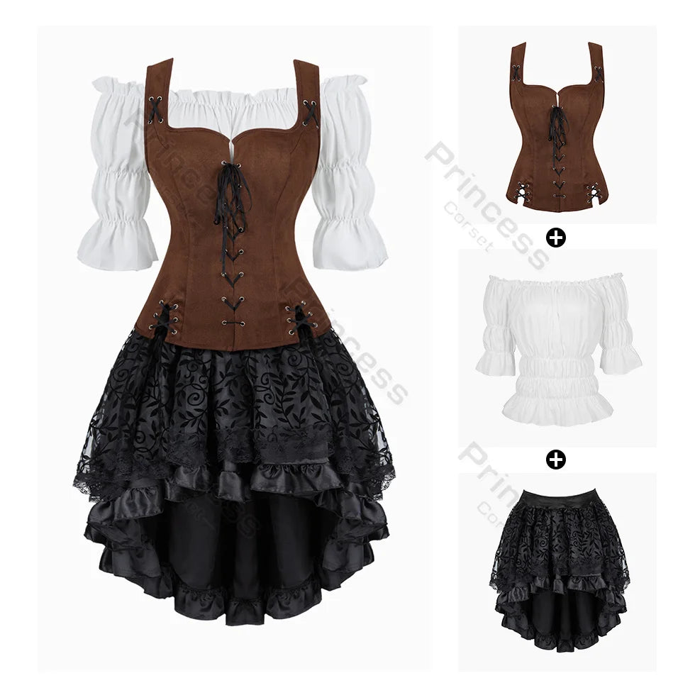 Brown Pirate Dress Plus Size Faxu Leather Steampunk Corset Dress with Shoulder Off Blouse Cosplay Pirate Costume for Women SS69