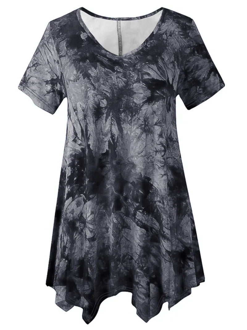 5XL Plus Size Woman Clothing Tie Dye Short Sleeve T-shirt Casual New Style V Neck Irregularity Tops Big Size Ladies Loose Tops - SS69 
