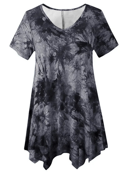 5XL Plus Size Woman Clothing Tie Dye Short Sleeve T-shirt Casual New Style V Neck Irregularity Tops Big Size Ladies Loose Tops - SS69 