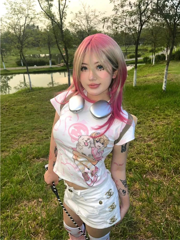 Japanese Camisetas Y2k Tshirts Crop Tops Women Clothing Short Sleeve O-neck Cute Tees Anime Print Casual Fashion Summer T-shirt SS69