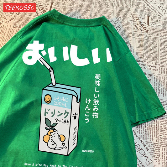 Cute Japanese Cat Print Oversized T-shirt Women Men Short Sleeve Loose Casual Tee Shirt Streetwear Tops Cotton Harajuku Clothing SS69 13.69 Green / M