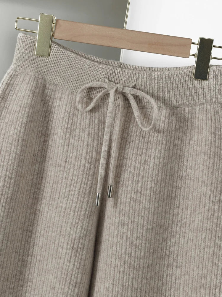 Yoyoselect New Popular Women Wide-Leg Wool Pants 100% Merino Wool Quality Soft Trousers Basic Casual Knitted Elastic Waist Slack SS69