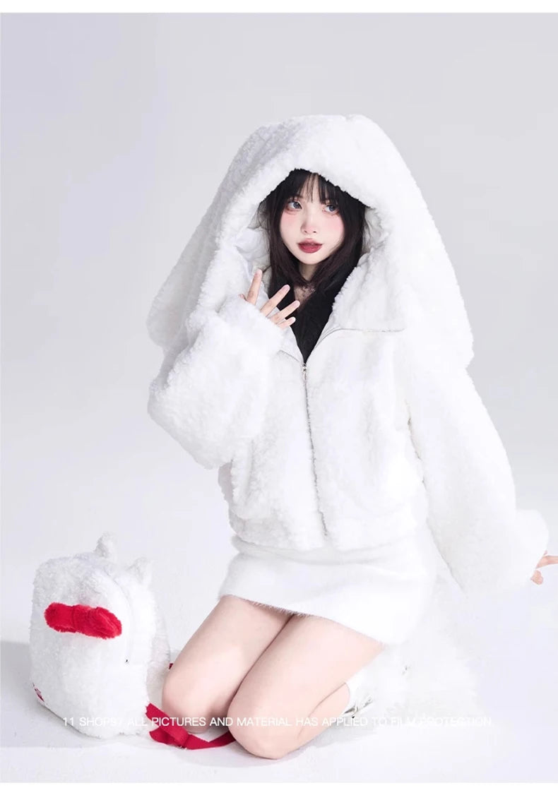 Lautaro Autumn Winter Sweet Cute Lovely Warm Soft White Short Faux Fur Coat Women  with Bunny Ears Fluffy Jacket Hoodie 2023 SS69