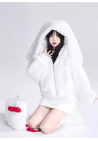 Lautaro Autumn Winter Sweet Cute Lovely Warm Soft White Short Faux Fur Coat Women  with Bunny Ears Fluffy Jacket Hoodie 2023 SS69