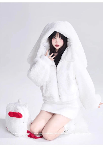 Lautaro Autumn Winter Sweet Cute Lovely Warm Soft White Short Faux Fur Coat Women  with Bunny Ears Fluffy Jacket Hoodie 2023 SS69