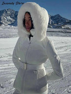 Fashion Solid Warm Ski Suit Women's Hood Fur Trim Full Sleeves Belt Coats High Waist Pants 2025 Winter Lady Windproof Tracksuit
