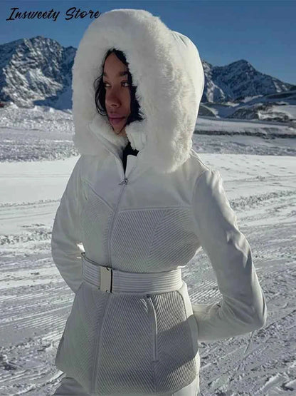 Fashion Solid Warm Ski Suit Women's Hood Fur Trim Full Sleeves Belt Coats High Waist Pants 2025 Winter Lady Windproof Tracksuit