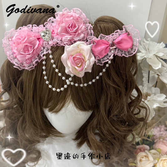 SS69 Lolita Lace Bow Hairpin with Pearl Chain and Floral Accents