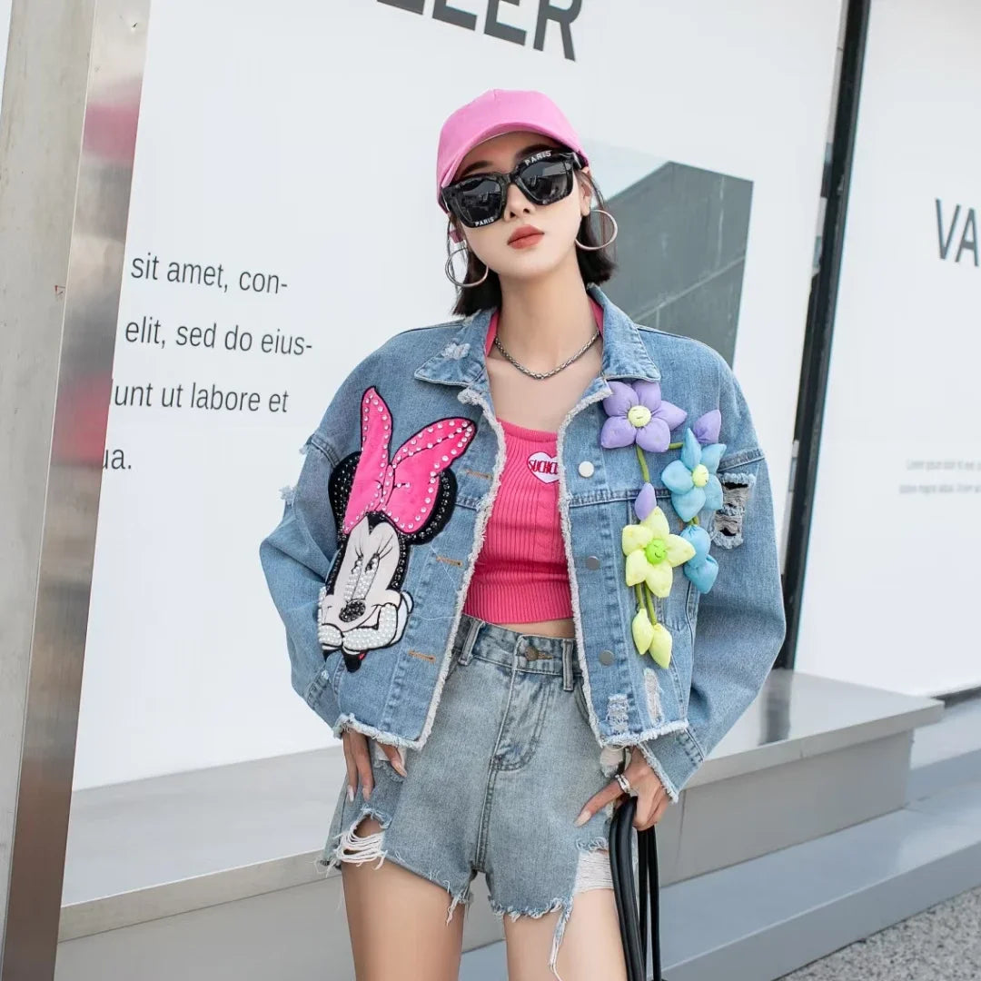Fashion Brand Jeans Coat Women's Spring Autumn New Heavy Industry Cartoon Sequins Chaqueta High Street Loose-Fitting Denim Coats - SS69