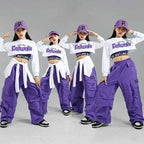 Children Street Dance Outfits Kids Streetwear Group Jazz Clothes Sets Hip Hop Girls Fashion K-pop Crop Top Purple Cargo Pants