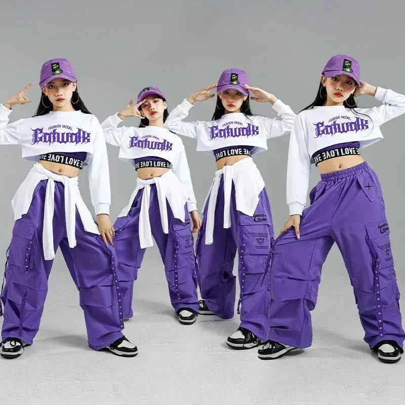 Children Street Dance Outfits Kids Streetwear Group Jazz Clothes Sets Hip Hop Girls Fashion K-pop Crop Top Purple Cargo Pants