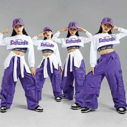 Children Street Dance Outfits Kids Streetwear Group Jazz Clothes Sets Hip Hop Girls Fashion K-pop Crop Top Purple Cargo Pants