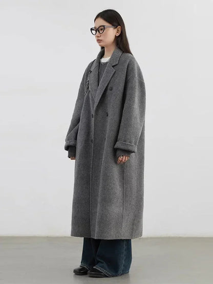 CHIC VEN Women Woolen Coat Double-breasted Basic Loose Casual Retro New Long Double-sided Female Overcoat Autumn Winter 2026